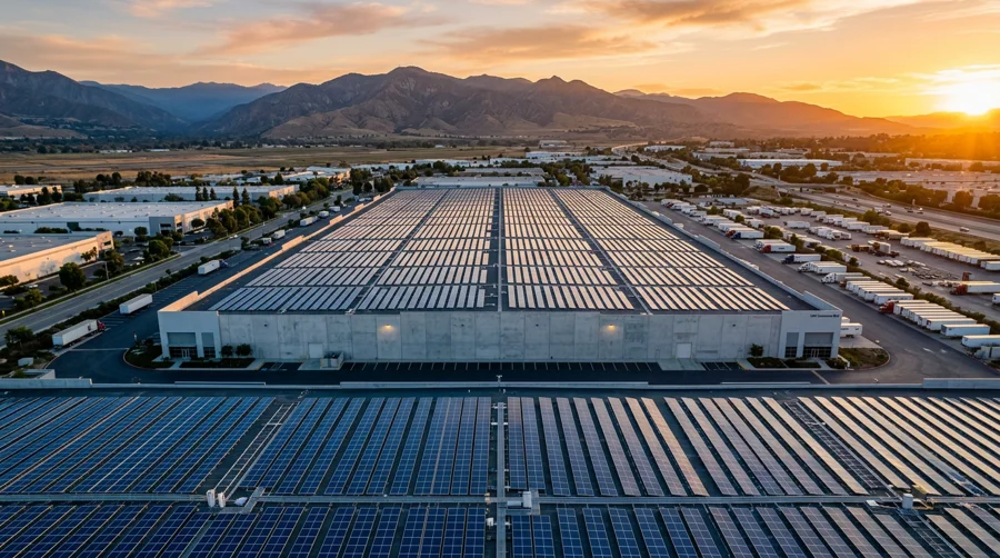 Expansive commercial rooftop with solar panels
