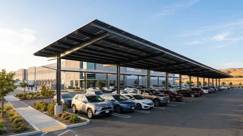 Solar carport structures shading a commercial parking lot
